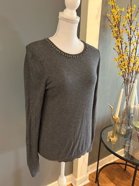 Ann Taylor Embellished Crewneck Gray Sweater~Size Small